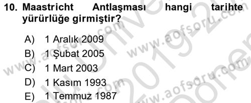 Avrupa Birliği Dersi 2019 - 2020 Yılı (Final) Dönem Sonu Sınavı 10. Soru