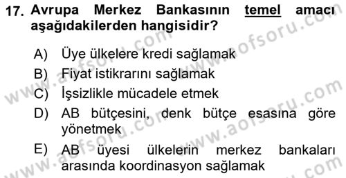 Avrupa Birliği Dersi 2019 - 2020 Yılı (Final) Dönem Sonu Sınavı 17. Soru