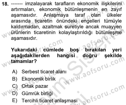 Avrupa Birliği Dersi 2019 - 2020 Yılı (Final) Dönem Sonu Sınavı 18. Soru