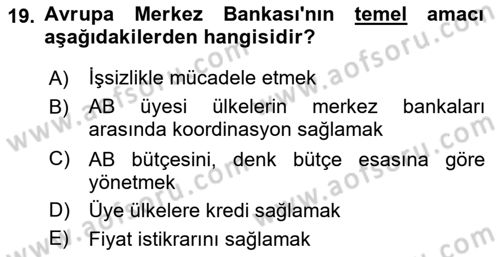 Avrupa Birliği Dersi 2020 - 2021 Yılı Yaz Okulu Sınavı 19. Soru