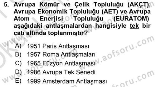 Avrupa Birliği Dersi 2020 - 2021 Yılı Yaz Okulu Sınavı 5. Soru