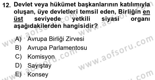 Avrupa Birliği Dersi 2021 - 2022 Yılı (Vize) Ara Sınavı 12. Soru