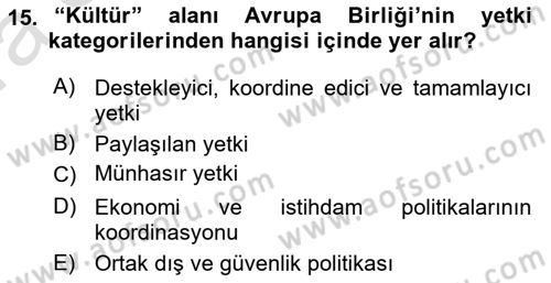 Avrupa Birliği Dersi 2021 - 2022 Yılı (Vize) Ara Sınavı 15. Soru