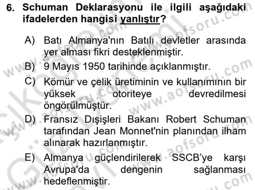 Avrupa Birliği Dersi 2021 - 2022 Yılı (Vize) Ara Sınavı 6. Soru