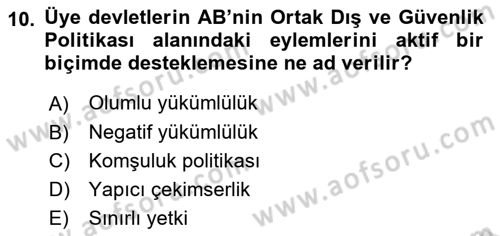 Avrupa Birliği Dersi 2021 - 2022 Yılı (Final) Dönem Sonu Sınavı 10. Soru