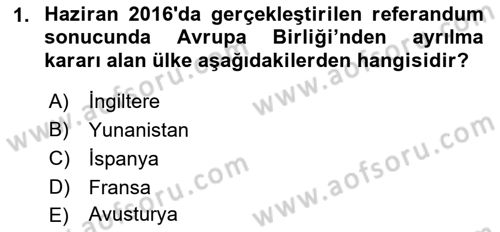 Avrupa Birliği Dersi 2021 - 2022 Yılı Yaz Okulu Sınavı 1. Soru