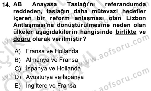 Avrupa Birliği Dersi 2021 - 2022 Yılı Yaz Okulu Sınavı 14. Soru