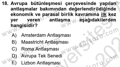 Avrupa Birliği Dersi 2021 - 2022 Yılı Yaz Okulu Sınav Soruları 18. Soru