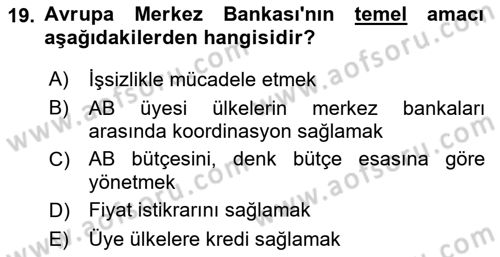 Avrupa Birliği Dersi 2021 - 2022 Yılı Yaz Okulu Sınavı 19. Soru