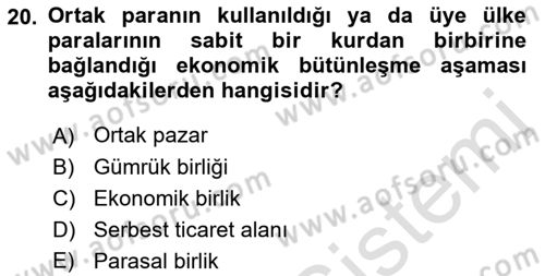 Avrupa Birliği Dersi 2021 - 2022 Yılı Yaz Okulu Sınavı 20. Soru