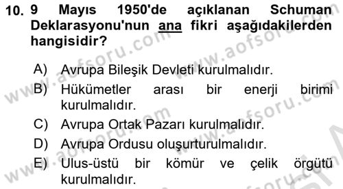 Avrupa Birliği Dersi 2022 - 2023 Yılı (Vize) Ara Sınavı 10. Soru