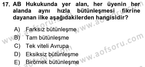 Avrupa Birliği Dersi 2022 - 2023 Yılı (Vize) Ara Sınavı 17. Soru