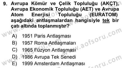 Avrupa Birliği Dersi 2022 - 2023 Yılı (Vize) Ara Sınavı 9. Soru