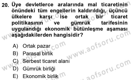 Avrupa Birliği Dersi 2022 - 2023 Yılı (Final) Dönem Sonu Sınavı 20. Soru