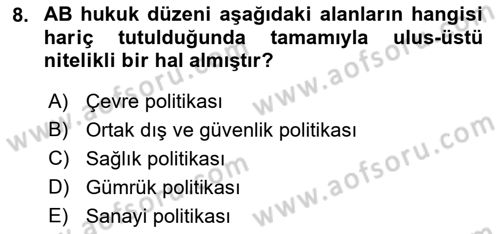 Avrupa Birliği Dersi 2022 - 2023 Yılı (Final) Dönem Sonu Sınavı 8. Soru