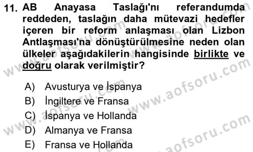 Avrupa Birliği Dersi 2022 - 2023 Yılı Yaz Okulu Sınav Soruları 11. Soru