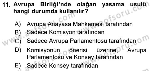Avrupa Birliği Dersi Ara Sınavı Deneme Sınav Soruları 11. Soru