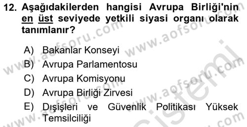 Avrupa Birliği Dersi Ara Sınavı Deneme Sınav Soruları 12. Soru
