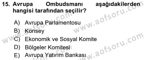 Avrupa Birliği Dersi 2023 - 2024 Yılı (Vize) Ara Sınav Soruları 15. Soru
