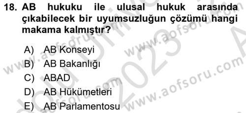 Avrupa Birliği Dersi 2023 - 2024 Yılı (Vize) Ara Sınav Soruları 18. Soru