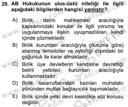 Avrupa Birliği Dersi 2023 - 2024 Yılı (Vize) Ara Sınav Soruları 20. Soru