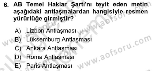 Avrupa Birliği Dersi 2023 - 2024 Yılı (Vize) Ara Sınav Soruları 6. Soru