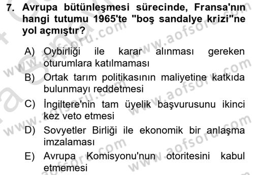 Avrupa Birliği Dersi 2023 - 2024 Yılı (Vize) Ara Sınav Soruları 7. Soru