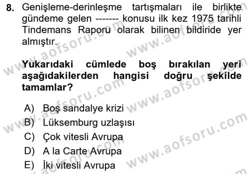 Avrupa Birliği Dersi Ara Sınavı Deneme Sınav Soruları 8. Soru