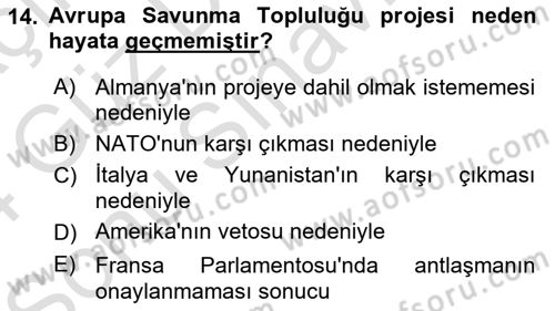 Avrupa Birliği Dersi 2023 - 2024 Yılı (Final) Dönem Sonu Sınav Soruları 14. Soru