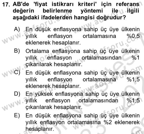 Avrupa Birliği Dersi 2023 - 2024 Yılı (Final) Dönem Sonu Sınav Soruları 17. Soru