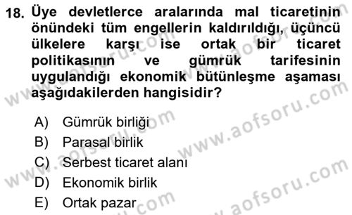Avrupa Birliği Dersi 2023 - 2024 Yılı (Final) Dönem Sonu Sınav Soruları 18. Soru