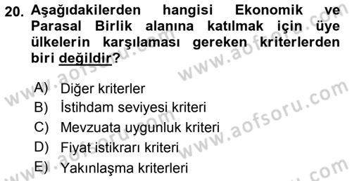 Avrupa Birliği Dersi 2023 - 2024 Yılı (Final) Dönem Sonu Sınav Soruları 20. Soru