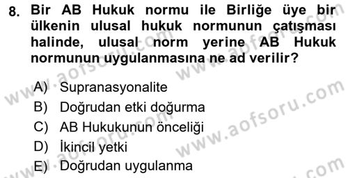 Avrupa Birliği Dersi 2023 - 2024 Yılı (Final) Dönem Sonu Sınav Soruları 8. Soru