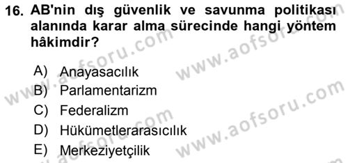 Avrupa Birliği Dersi 2023 - 2024 Yılı Yaz Okulu Sınavı 16. Soru