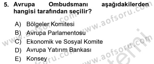 Avrupa Birliği Dersi 2023 - 2024 Yılı Yaz Okulu Sınavı 5. Soru