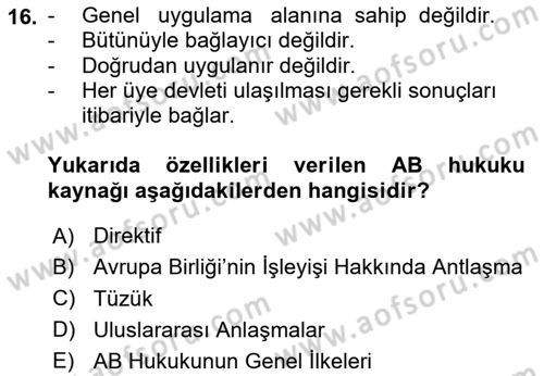 Avrupa Birliği Dersi 2024 - 2025 Yılı (Vize) Ara Sınav Soruları 16. Soru