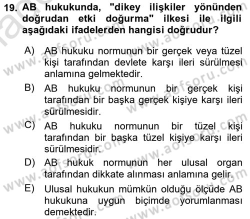 Avrupa Birliği Dersi 2024 - 2025 Yılı (Vize) Ara Sınav Soruları 19. Soru