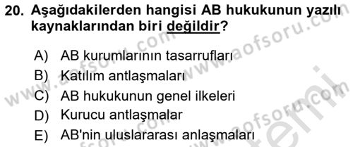 Avrupa Birliği Dersi 2024 - 2025 Yılı (Vize) Ara Sınav Soruları 20. Soru
