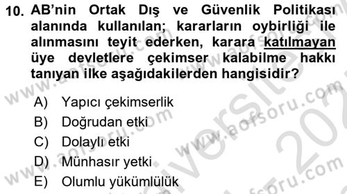 Avrupa Birliği Dersi 2024 - 2025 Yılı (Final) Dönem Sonu Sınav Soruları 10. Soru