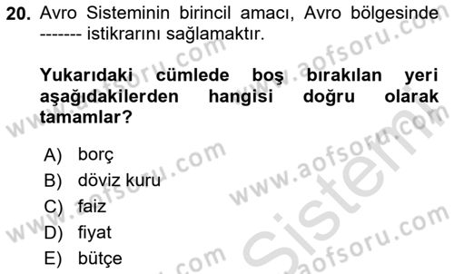 Avrupa Birliği Dersi 2024 - 2025 Yılı (Final) Dönem Sonu Sınav Soruları 20. Soru