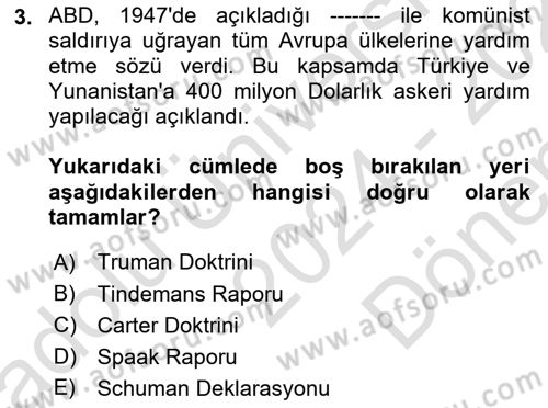 Avrupa Birliği Dersi 2024 - 2025 Yılı (Final) Dönem Sonu Sınav Soruları 3. Soru