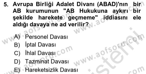 Avrupa Birliği Dersi 2024 - 2025 Yılı (Final) Dönem Sonu Sınav Soruları 5. Soru
