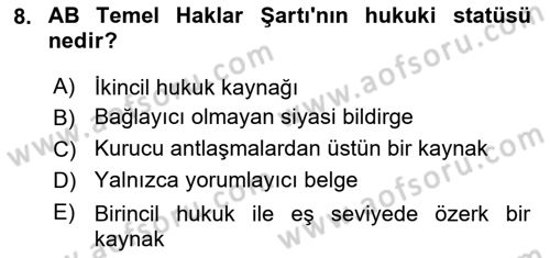 Avrupa Birliği Dersi 2024 - 2025 Yılı (Final) Dönem Sonu Sınav Soruları 8. Soru