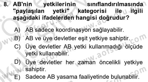 Avrupa Birliği Dersi 2024 - 2025 Yılı Yaz Okulu Sınav Soruları 8. Soru