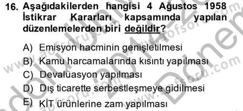 Türkiye Ekonomisi Dersi 2014 - 2015 Yılı (Final) Dönem Sonu Sınavı 16. Soru