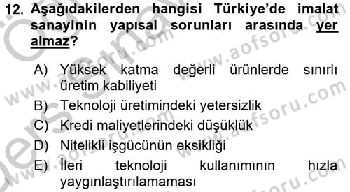Türkiye Ekonomisi Dersi 2016 - 2017 Yılı 3 Ders Sınav Soruları 12. Soru
