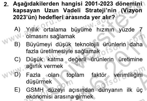 Türkiye Ekonomisi Dersi 2016 - 2017 Yılı (Vize) Ara Sınav Soruları 2. Soru
