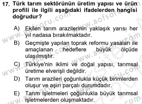 Türkiye Ekonomisi Dersi 2017 - 2018 Yılı (Vize) Ara Sınav Soruları 17. Soru