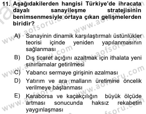 Türkiye Ekonomisi Dersi 2018 - 2019 Yılı 3 Ders Sınav Soruları 11. Soru