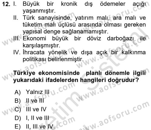 Türkiye Ekonomisi Dersi 2018 - 2019 Yılı 3 Ders Sınav Soruları 12. Soru